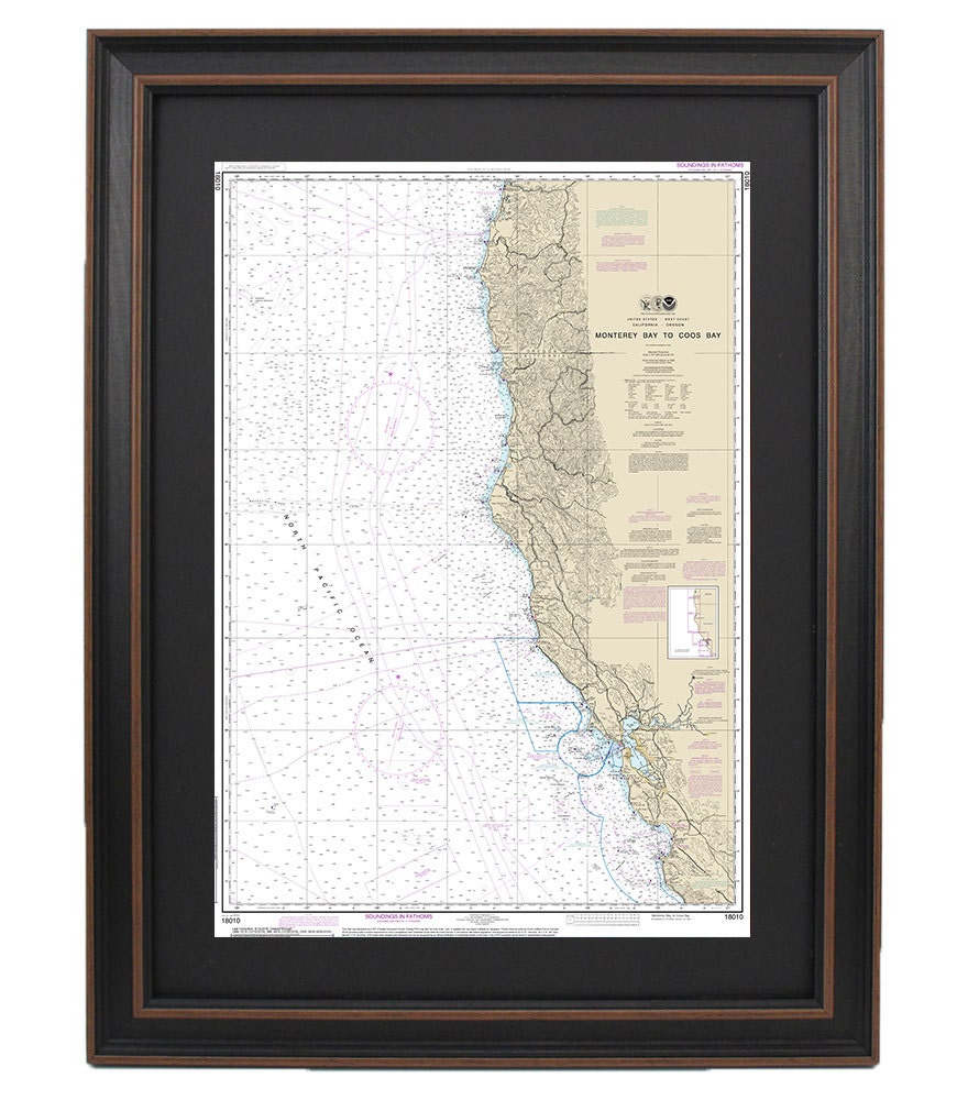 Framed Nautical Chart 18010 - Monterey Bay to Coos Bay. NOAA 18010. Handmade in the USA.
