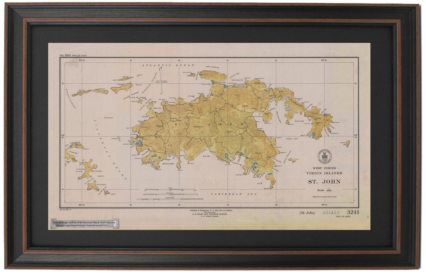 Framed Historical Nautical Chart 3241 - St. John, West Indies, USVI. 1948 Historical Chart. NOAA 3241.