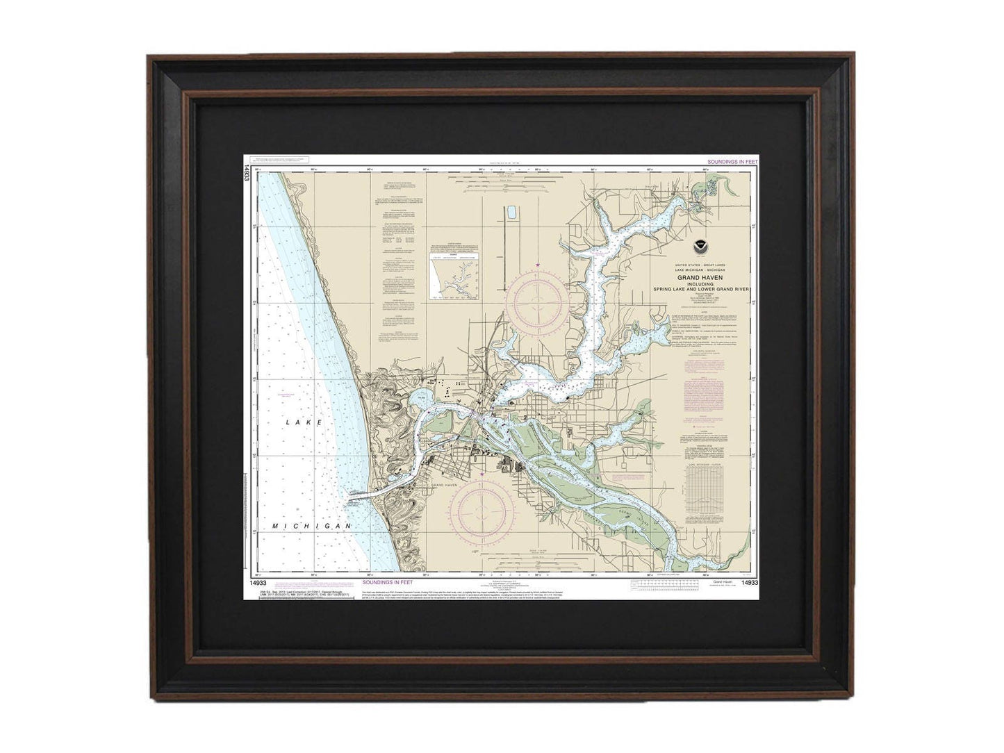 Framed Nautical Chart 14933 - Grand Haven, Lake Michigan. NOAA 14933. Handmade in the USA.