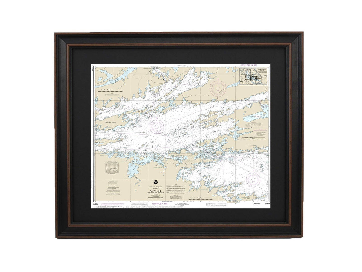 Framed Nautical Chart 14997 - Rainy Lake - Dryweed Island to Big Island, Minnesota. NOAA 14997. Handmade in the USA.