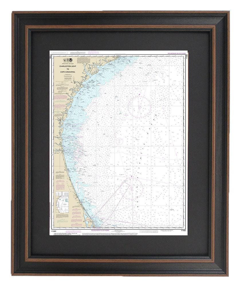Framed Nautical Chart 11480 - Charleston Light to Cape Canaveral. NOAA 11480. Handmade in the USA.