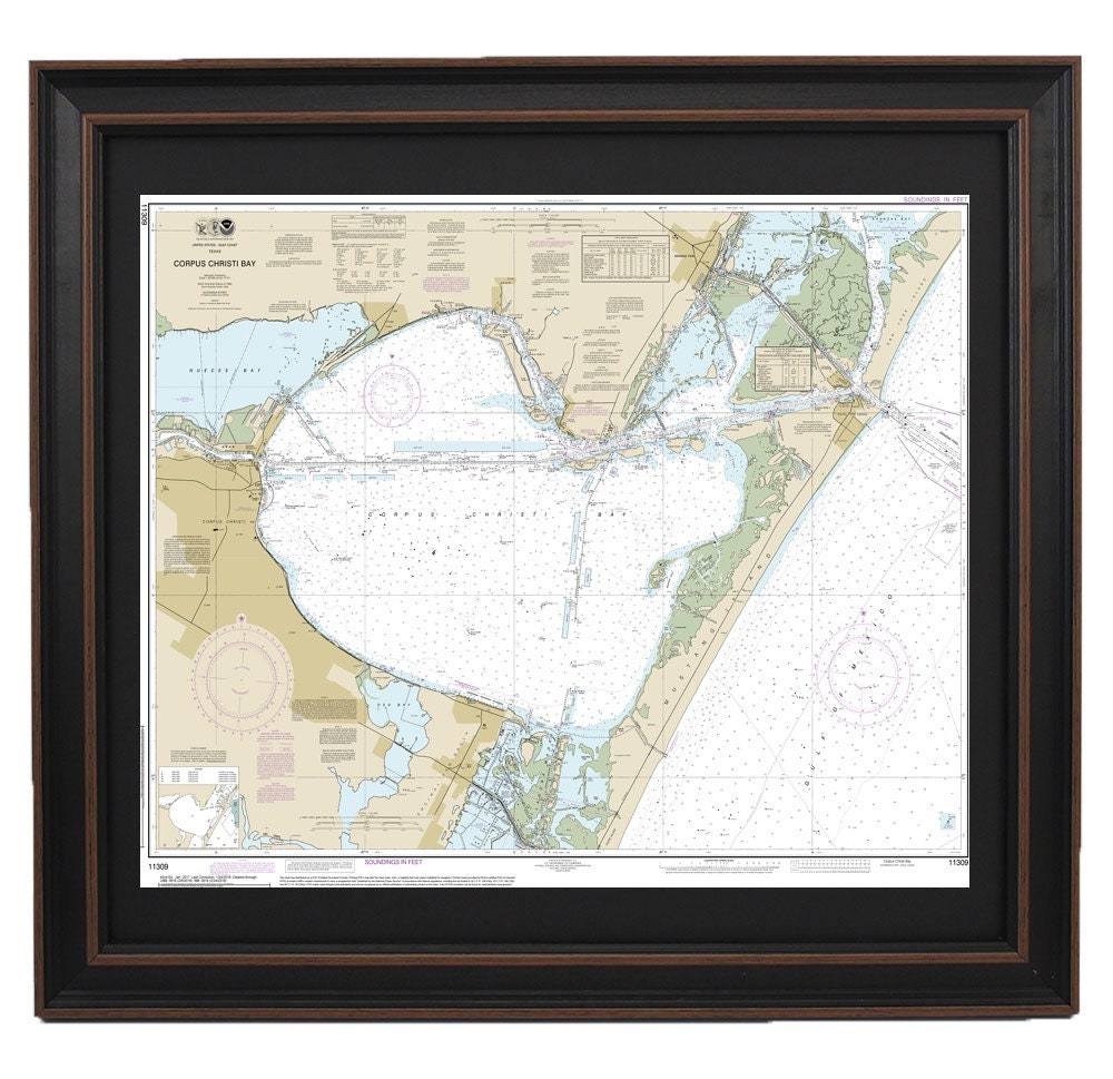 Framed Nautical Chart 11309 - Corpus Christi Bay. NOAA 11309. Handmade in the USA.