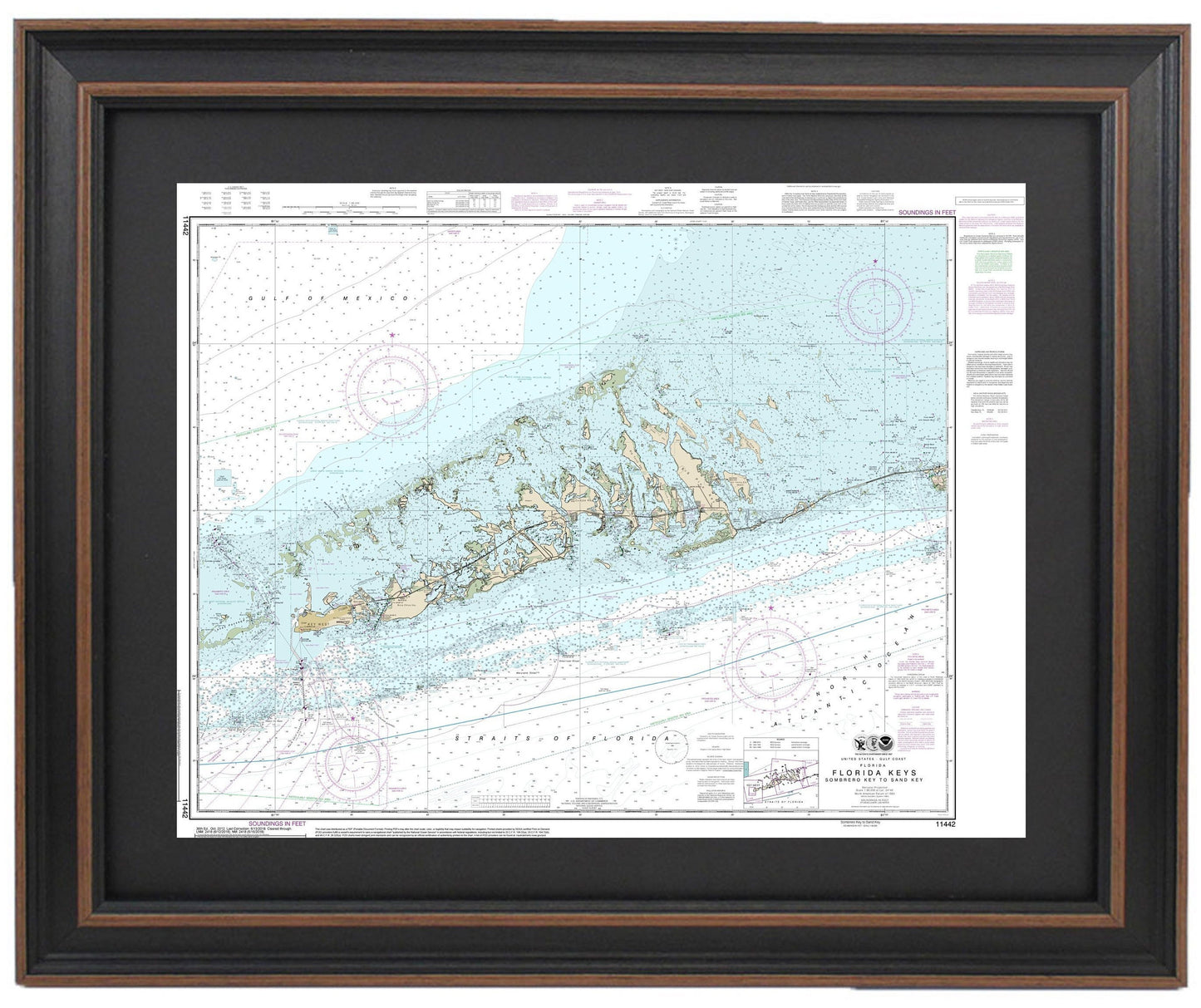 Framed Nautical Chart 11442 - Florida Keys. Sombrero Key to Sand Key. NOAA 11442. Handmade in the USA.