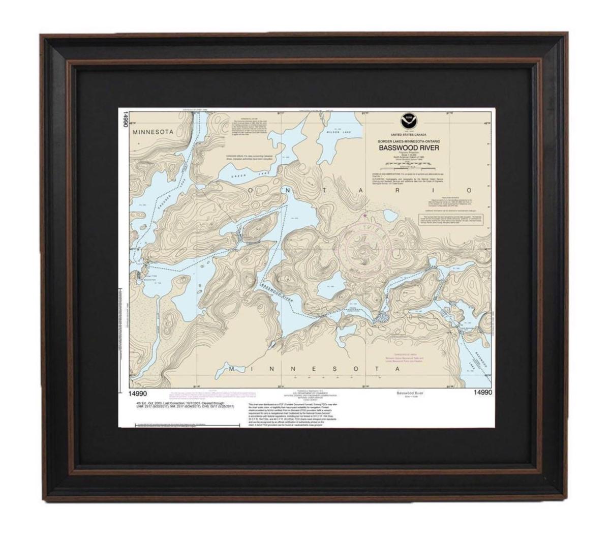 Framed Nautical Chart 14990 - Basswood River, Minnesota. NOAA 14990. Handmade in the USA.