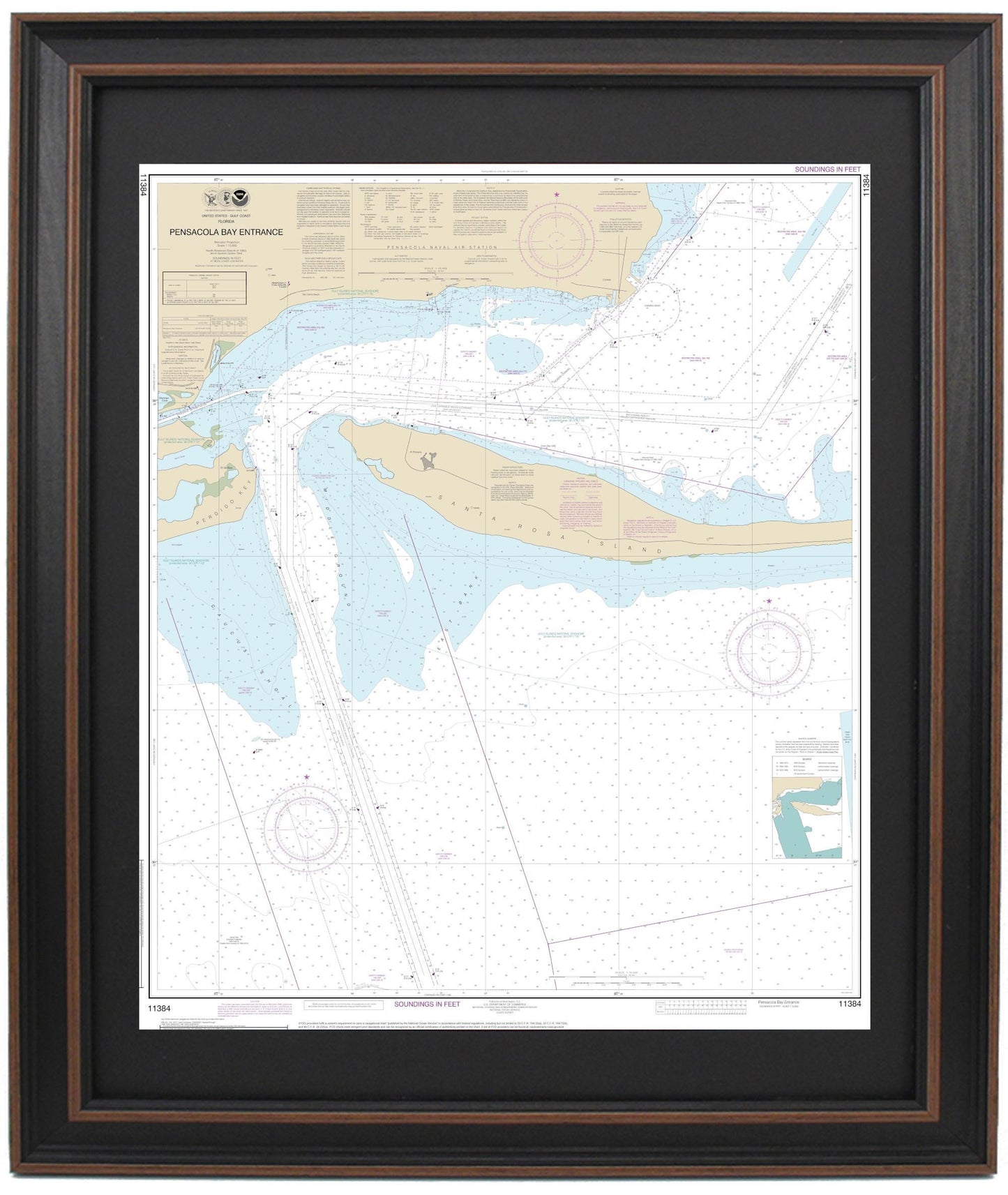 Framed Nautical Chart 11384 - Pensacola Bay Entrance. NOAA 11384. Handmade in the USA.