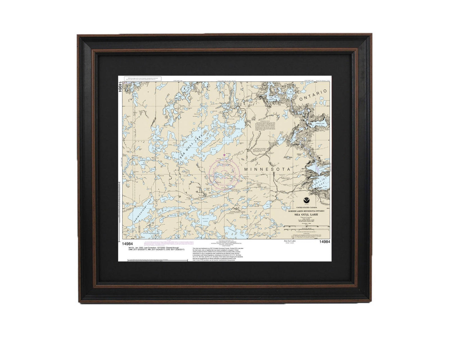 Framed Nautical Chart 14984 - Sea Gull Lake, Minnesota. NOAA 14984. Handmade in the USA.