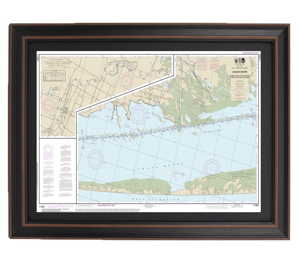 Framed Nautical Chart 11303 - Laguna Madre- Chubby Island to Stover Point. NOAA 11303. Handmade in the USA.