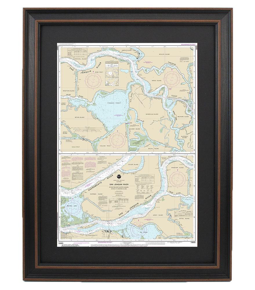 Framed Nautical Chart 18660 - San Joaquin River. Stockton Deep Water Channel, Antioch to Medford Island. NOAA 18660. Handmade in the USA.