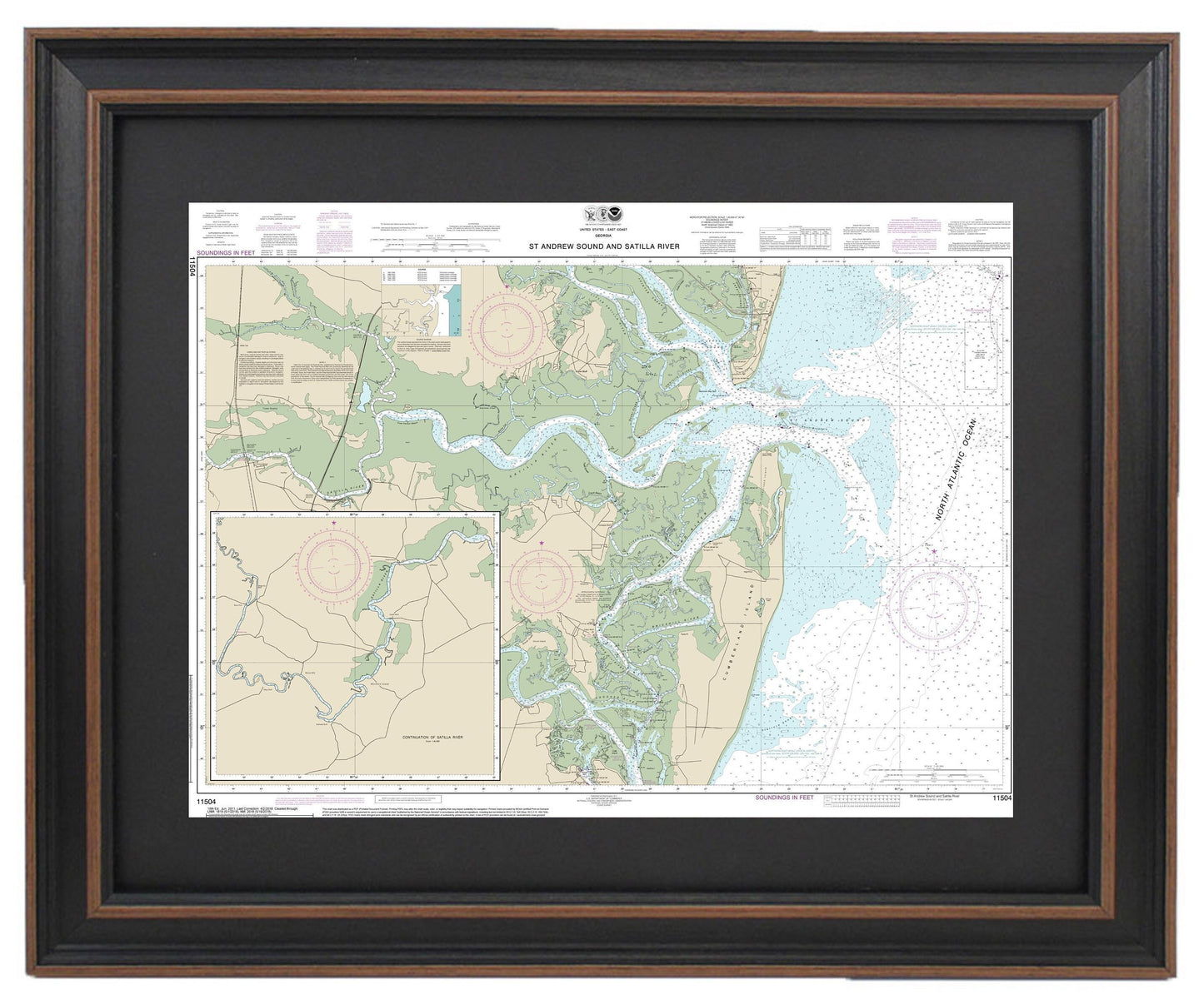 Framed Nautical Chart 11504 - St. Andrew Sound and Satilla River. NOAA 11504. Handmade in the USA.