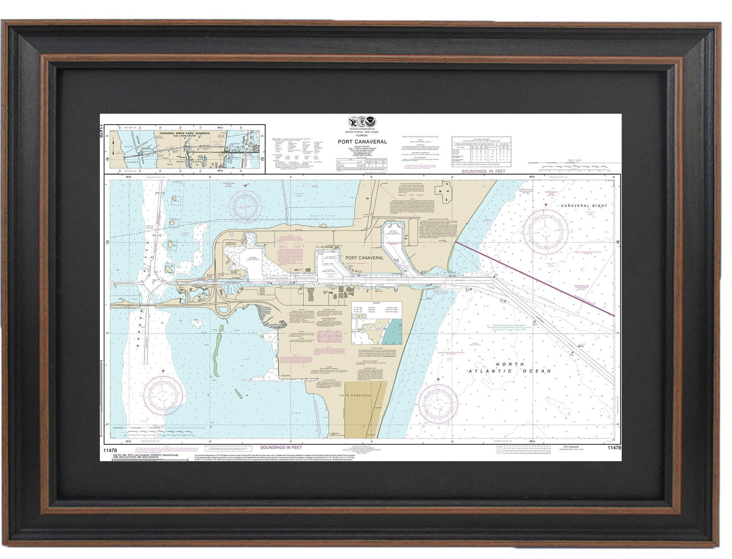 Framed Nautical Chart 11478 - Port Canaveral. NOAA 11478. Handmade in the USA.