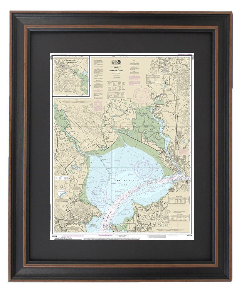 Framed Nautical Chart 18654 - San Pablo Bay. NOAA 18654. Handmade in the USA.