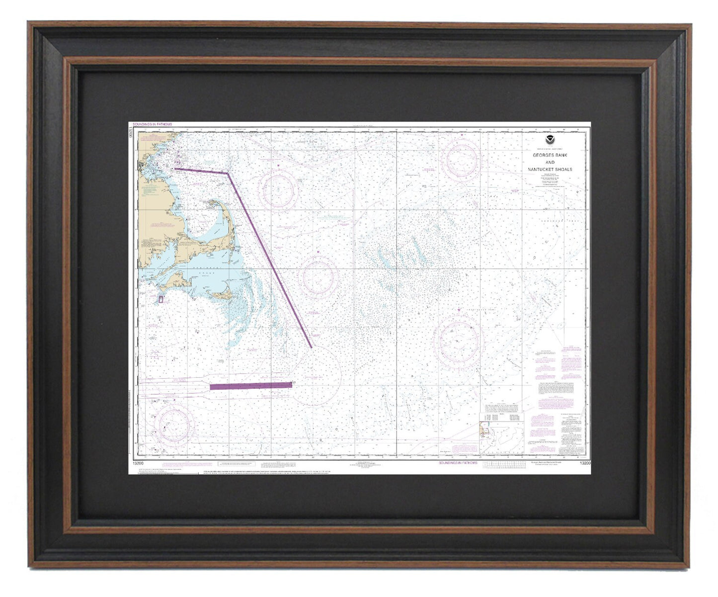 Framed Nautical Chart 13200 - Georges Bank and Nantucket Shoals. NOAA 13200. Handmade in the USA.