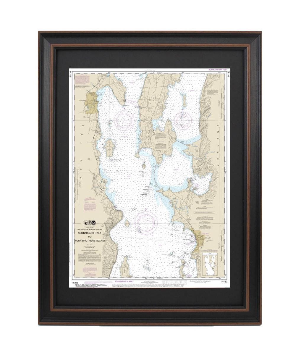 Framed Nautical Chart 14782 - Lake Champlain, Cumberland Head to Four Brothers Islands. NOAA 14782. Handmade in the USA.