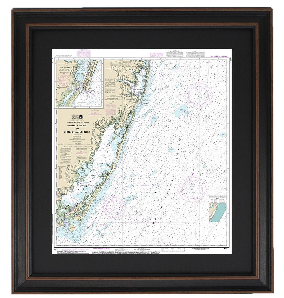 Framed Nautical Chart 12211 - Fenwick Island to Chincoteague Inlet & Ocean City Inlet. NOAA 12211. Handmade in the USA.