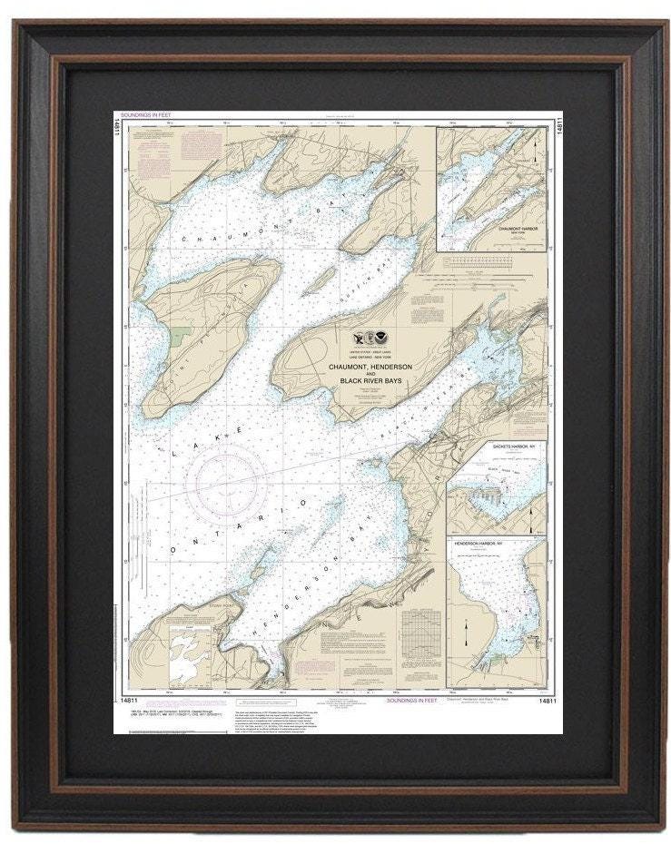 Framed Nautical Chart 14811 - Lake Ontario. Chaumont, Henderson and Black River Bays, NY. NOAA 14811. Handmade in the USA.