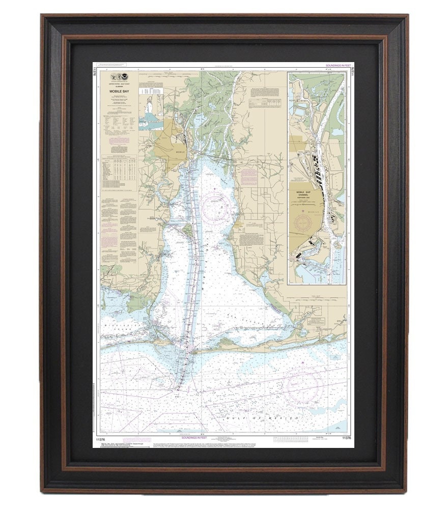 Framed Nautical Chart 11376 - Mobile Bay. NOAA 11376. Handmade in the USA.