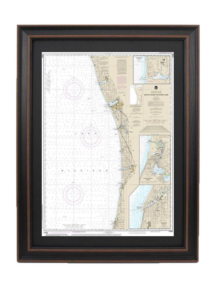 Framed Nautical Chart 14906 - Lake Michigan South Haven to Stony Lake. NOAA 14906. Handmade in the USA.
