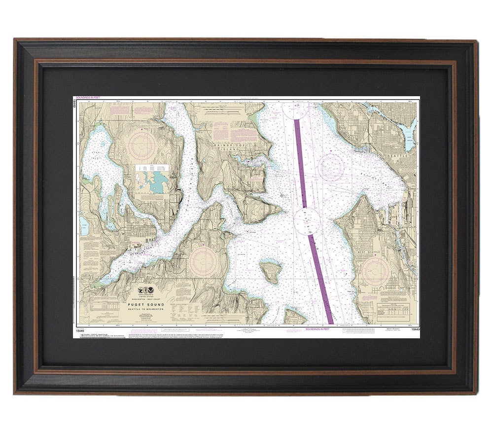 Framed Nautical Chart 18449 - Puget Sound, Seattle to Bremerton, NOAA 18449. Handmade in the USA.