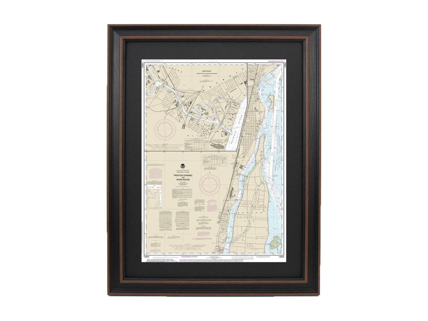 Framed Nautical Chart 14854 - Trenton River and River Rouge, Detroit River to Ford Motor Company. NOAA 14854. Handmade in the USA.