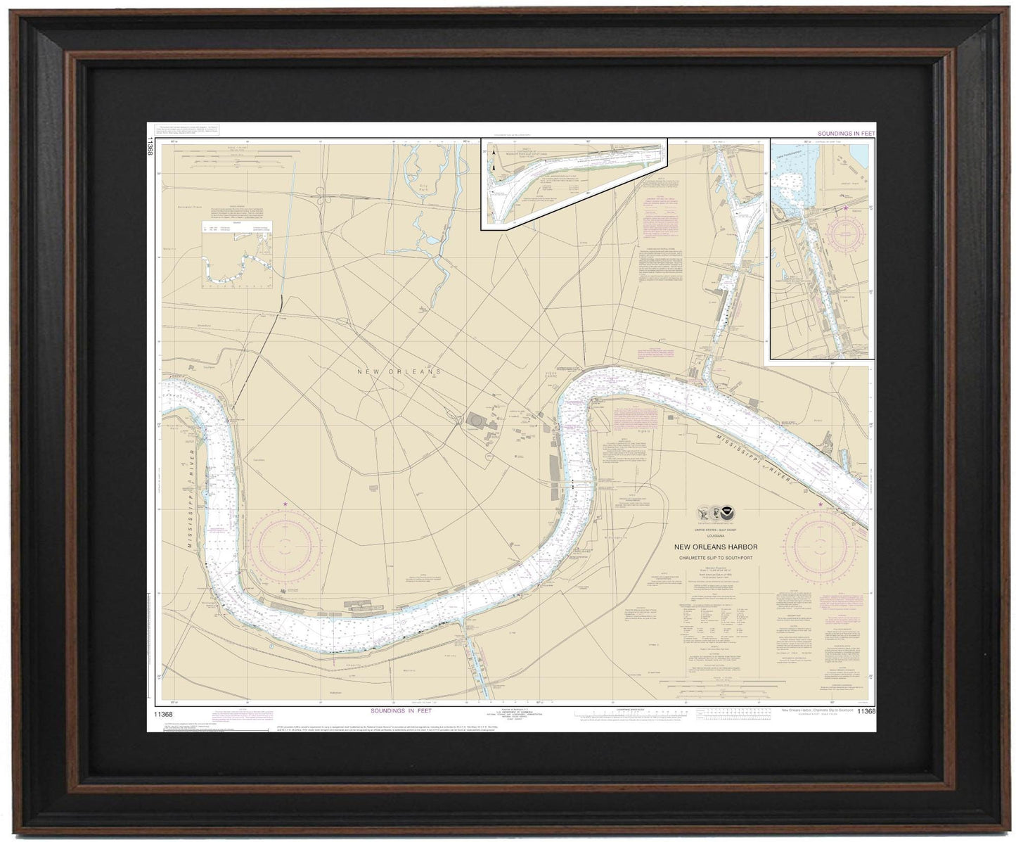 Framed Nautical Chart 11368 - New Orleans Harbor. Chalmette Slip to Southport. NOAA 11368. Handmade in the USA.