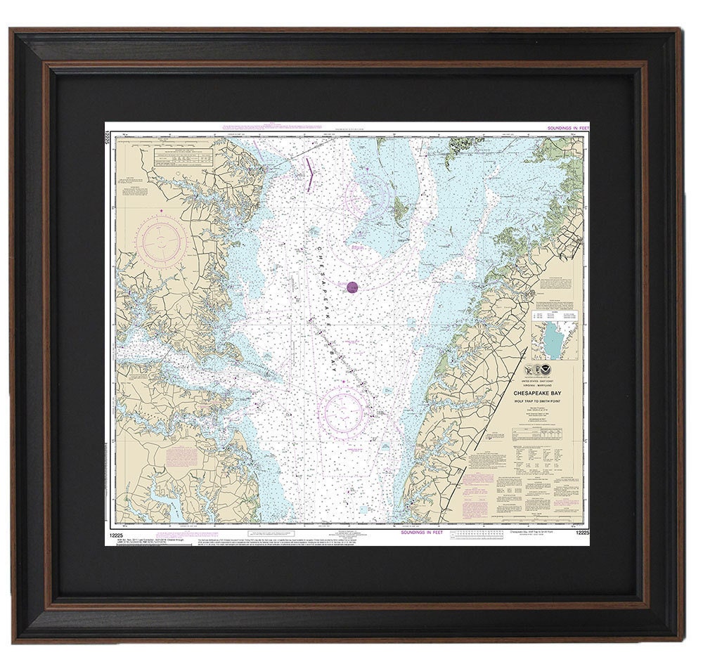 Framed Nautical Chart 12225 - Chesapeake Bay, Wolf Trap to Smith Point. NOAA 12225. Handmade in the USA.