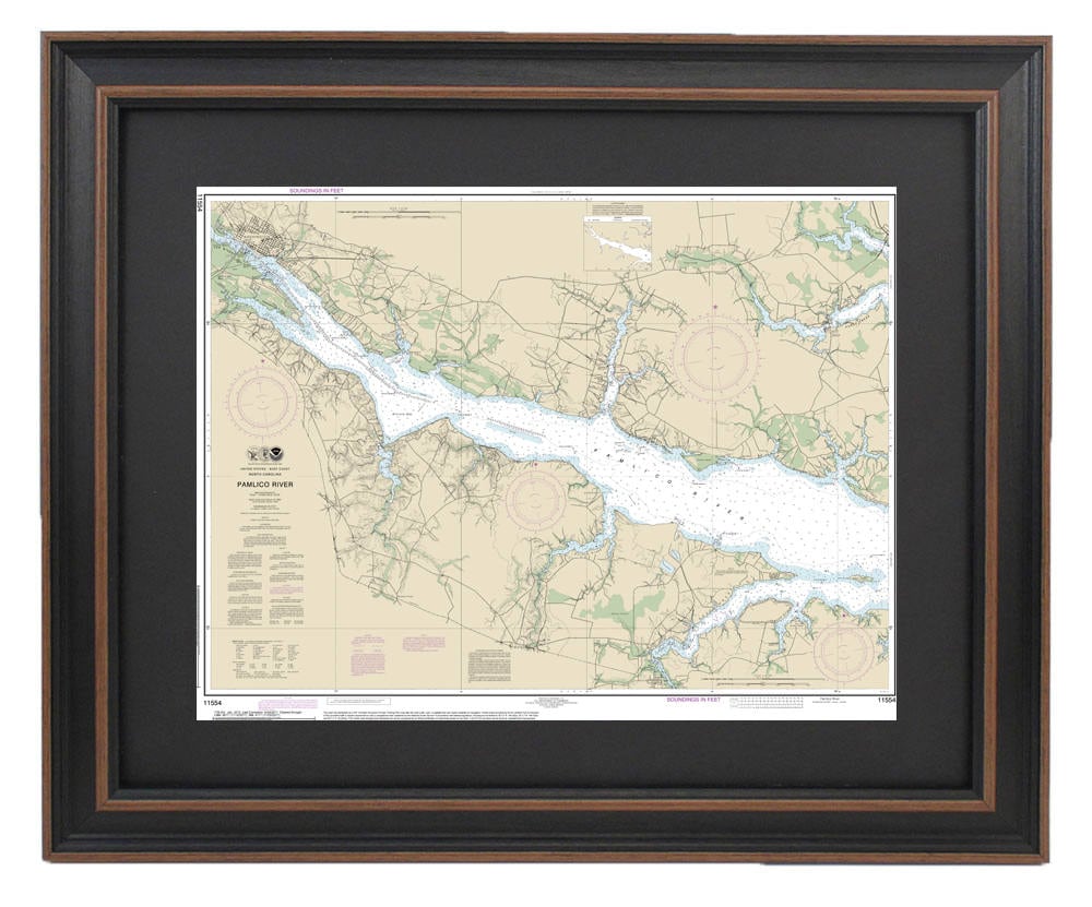 Framed Nautical Chart 11554 - Pamlico River, NOAA 11554. Handmade in the USA.
