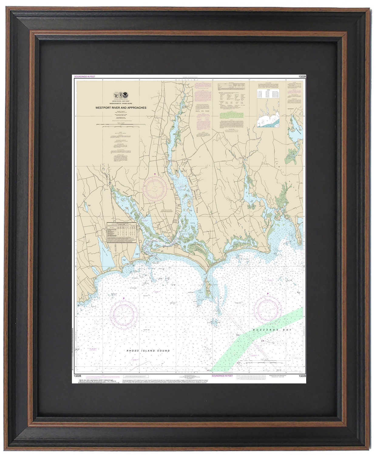 Framed Nautical Chart 13228 - Westport River. NOAA 13228. Handmade in the USA.