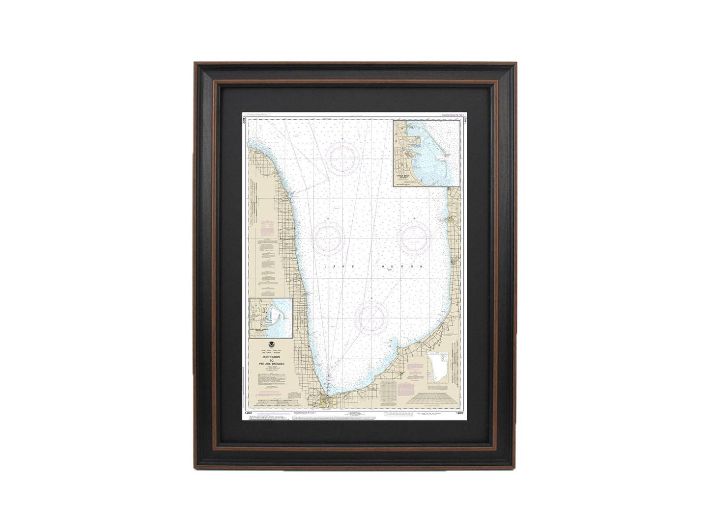 Framed Nautical Chart 14862- Lake Huron, Port Huron to Pte aux Barques NOAA 14862. Handmade in the USA.