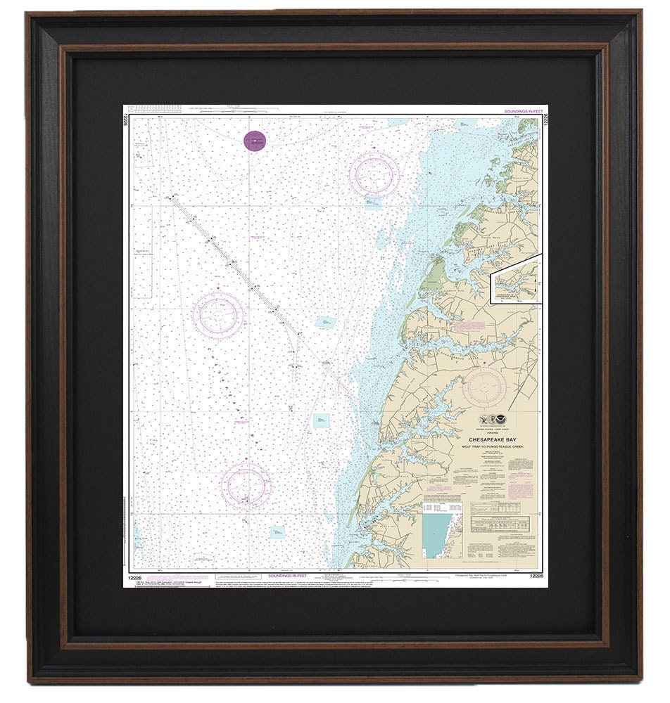 Framed Nautical Chart 12226 - Chesapeake Bay, Wolf Trap to Pungoteague Creek, NOAA 12226. Handmade in the USA.