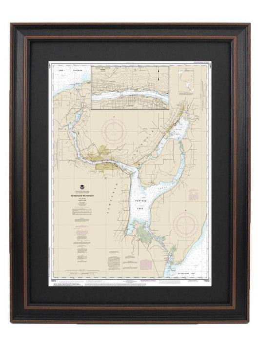 Framed Nautical Chart 14972 - Keweenaw Waterway, Michigan. NOAA 14972. Handmade in the USA.