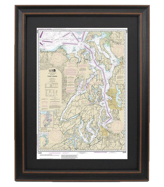 Framed Nautical Chart 18440 - Puget Sound. NOAA 18440. Handmade in the USA.