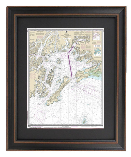 Framed Nautical Chart 16700 - Prince William Sound. NOAA 16700. Handmade in the USA.