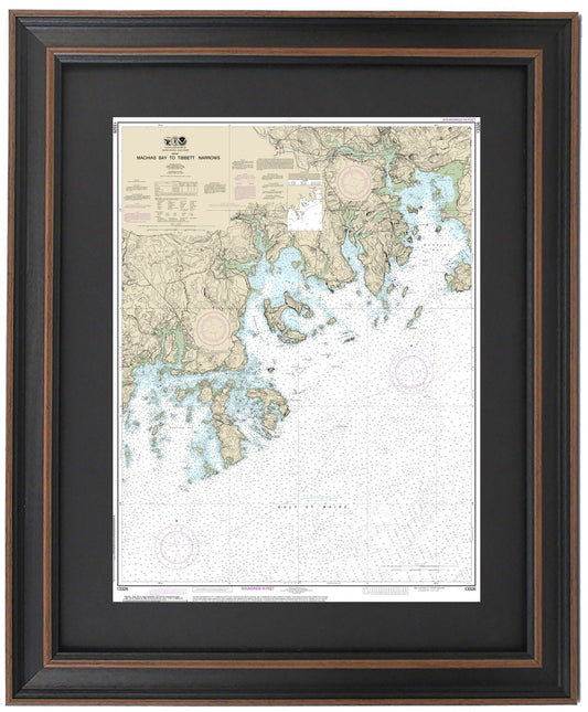 Framed Nautical Chart 13326 - Machais Bay to Tibbett Narrows, Maine. NOAA 13326. Handmade in the USA.