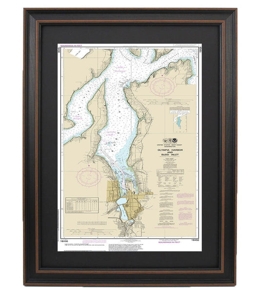 Framed Nautical Chart 18456 - Olympia Harbor and Budd Inlet. NOAA 18456. Handmade in the USA.