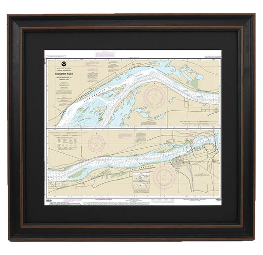 Framed Nautical Chart 18539 - Columbia River. Blalock Islands to McNary Dam. NOAA 18539. Handmade in the USA.