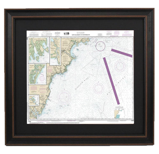 Framed Nautical Chart 13286 - Cape Elizabeth to Portsmouth. NOAA 13286. Handmade in the USA.