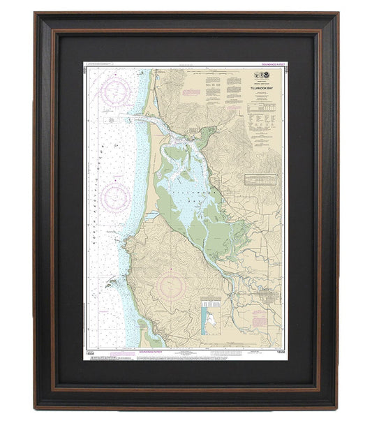 Framed Nautical Chart 18558 - Tillamook Bay. NOAA 18558. Handmade in the USA.