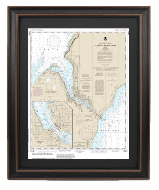 Framed Nautical Chart 14919 - Sturgeon Bay, Wisconsin. NOAA 14919. Handmade in the USA.