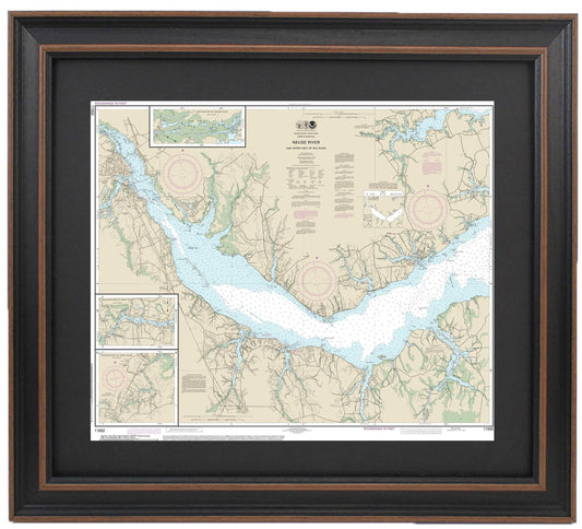 Framed Nautical Chart 11552 - Neuse River and Upper Part of Bay River. NOAA 11552. Handmade in the USA.
