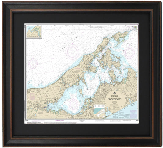 Framed Nautical Chart 12358 - Long Island, NY. Shelter Island Sound and Peconic Bays. NOAA 12358. Handmade in the USA.