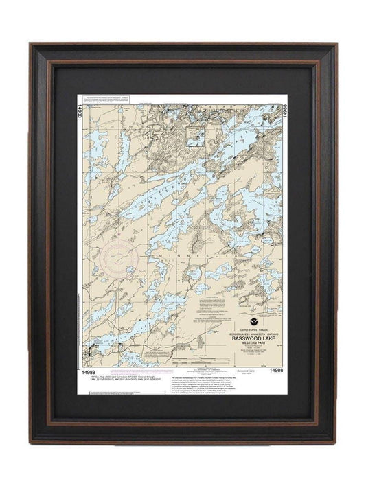 Framed Nautical Chart 14988 - Basswood Lake, Western Part, Minnesota. NOAA 14988. Handmade in the USA.