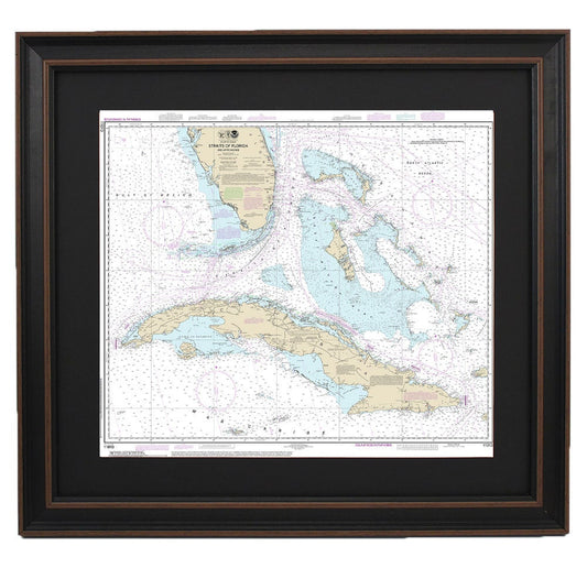 Framed Nautical Chart 11013 - Straits of Florida and Approaches. NOAA 11013. Handmade in the USA.