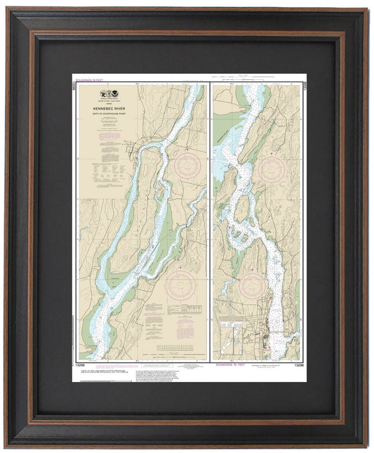 Framed Nautical Chart 13298 - Kennebec River, Maine (Bath to Courthouse Point). NOAA 13298. Handmade in the USA.
