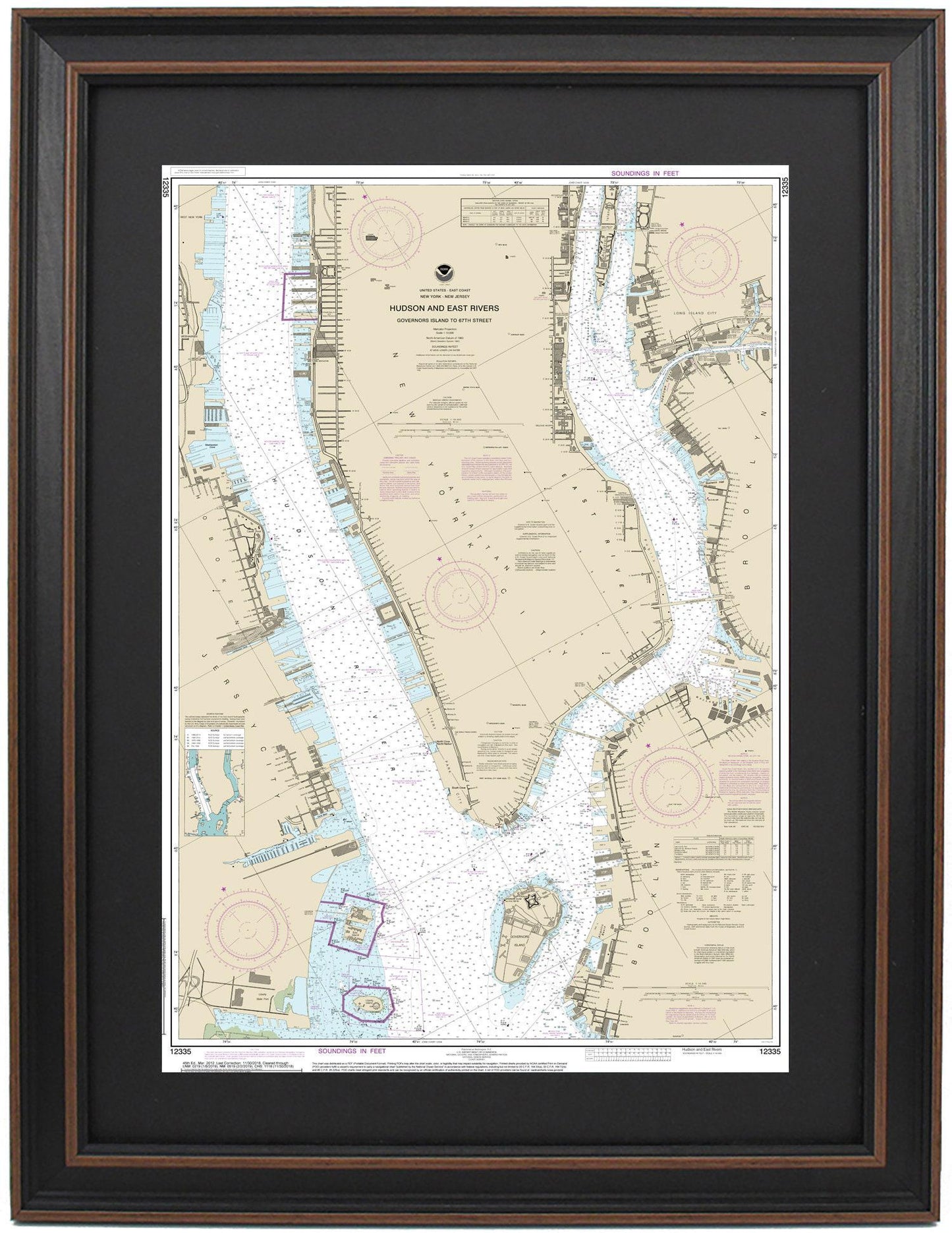 Framed Nautical Chart 12335 - Hudson and East Rivers. Lower Manhattan, NY. NOAA 12335. Handmade in the USA.
