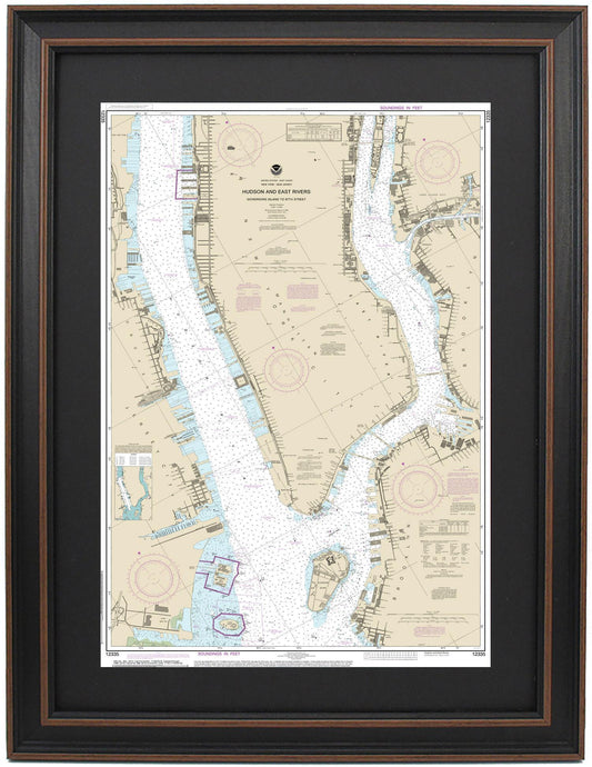 Framed Nautical Chart 12335 - Hudson and East Rivers. Lower Manhattan, NY. NOAA 12335. Handmade in the USA.