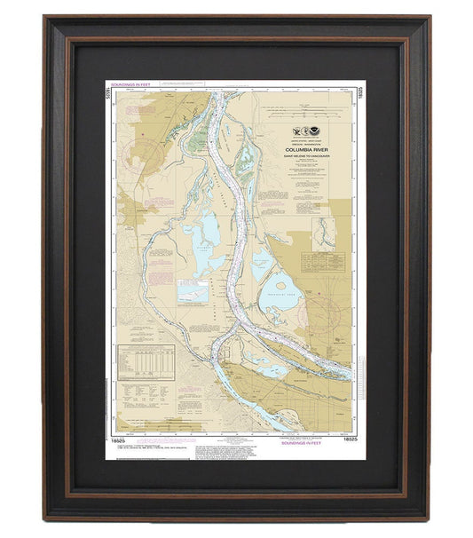 Framed Nautical Chart 18525 - Columbia River. Saint Helens to Vancouver. NOAA 18525. Handmade in the USA.