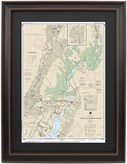 Framed Nautical Chart 12337 - Passaic and Hackensack Rivers. Newark Bay, NJ. NOAA 12337. Handmade in the USA.