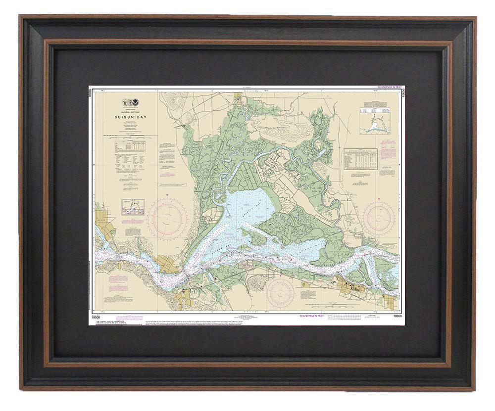 Framed Nautical Chart 18656 - Suisun Bay. NOAA 18656. Handmade in the USA.