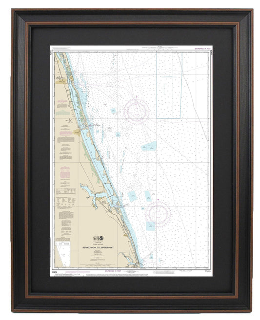 Framed Nautical Chart 11474 - Bethel Shoal to Jupiter Inlet. NOAA 11474. Handmade in the USA.