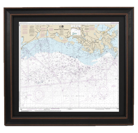 Framed Nautical Chart 11340 - Mississippi River to Galveston. NOAA 11340. Handmade in the USA.